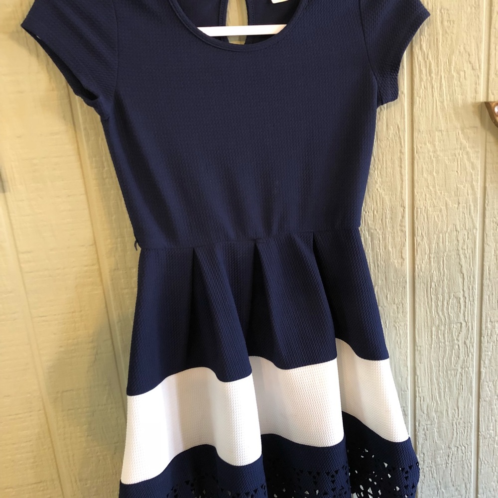 Rare Editions Navy and white dress laser cut hem